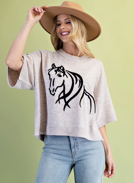 GiGiO Equestrian Graphic Knit Sweater - Oatmeal
