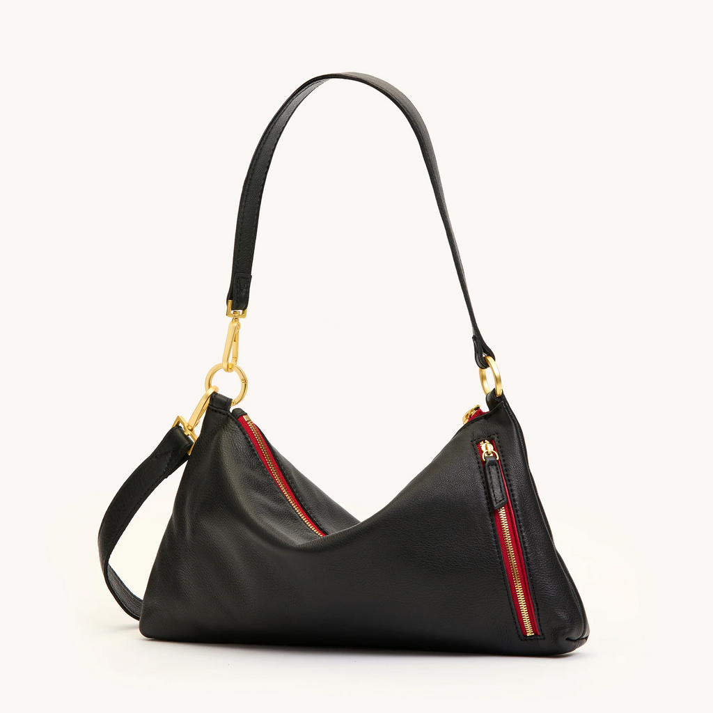 Hammitt Kyle Medium Shoulder Bag - Black/Brushed Gold/Red Zip