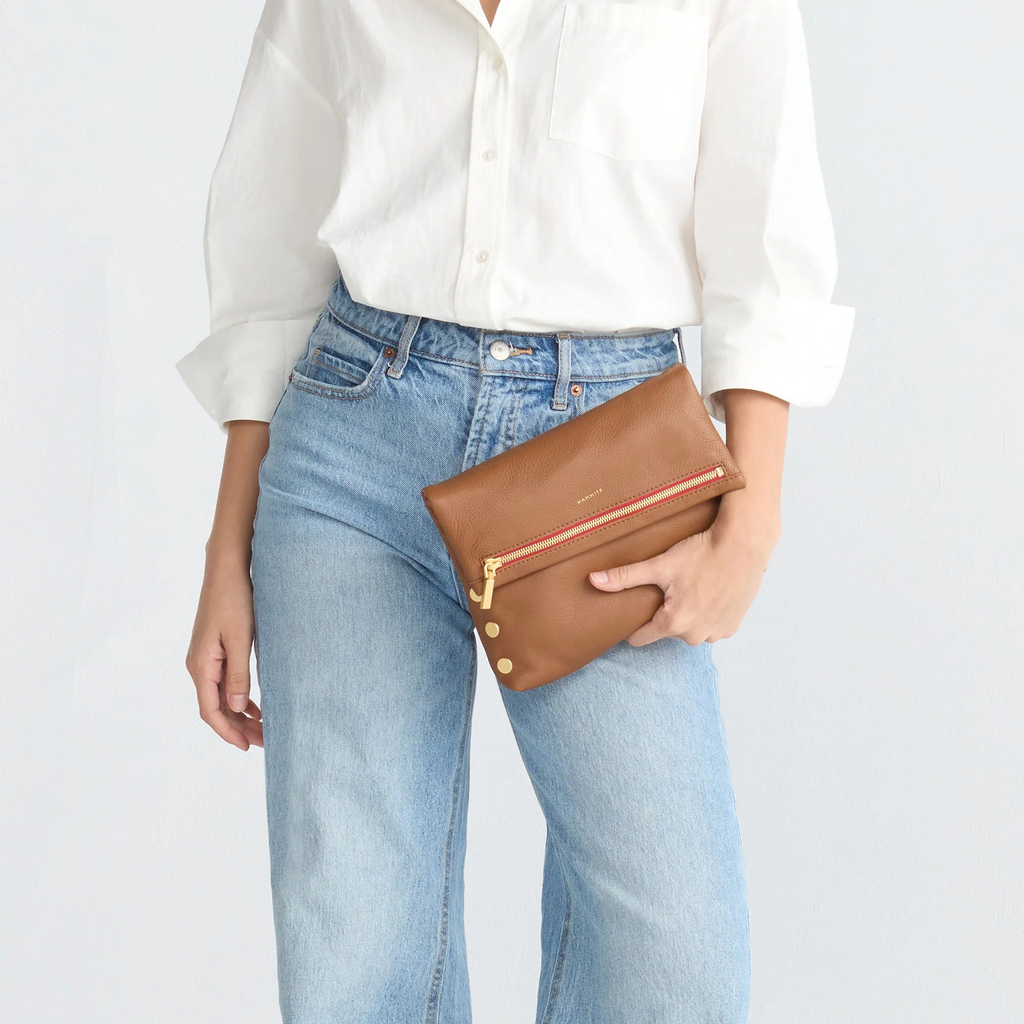 Hammitt VIP Medium Clutch - Mahogany Pebble/Brushed Gold/Red Zip