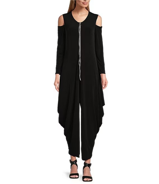 IC Collection Long Sleeve Cold Shoulder Zip Front Jumpsuit - Black *Take 35% Off*