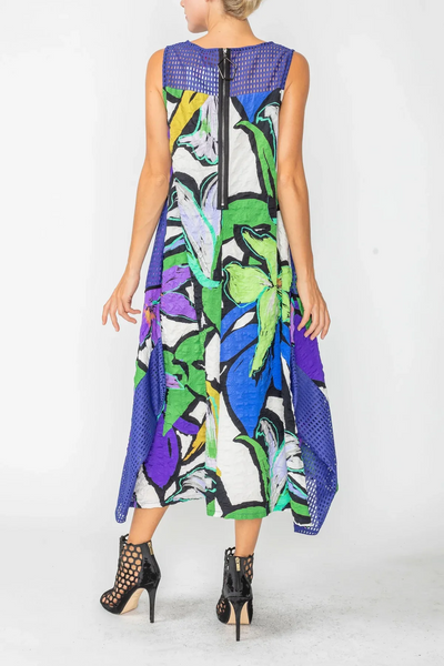 IC Collection Sleeveless Floral Print Pucker and Mesh Dress - Multicolor