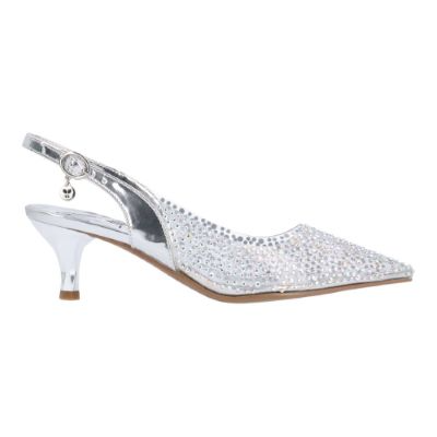 J. Reneé Ferryanne Rhinestone Embellished Vinyl Kitten Heel Slingback - Clear/Silver