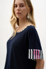 Image of Joseph Ribkoff Silky Knit And Woven Stripe Print Boxy Top - Midnight Blue/Multi