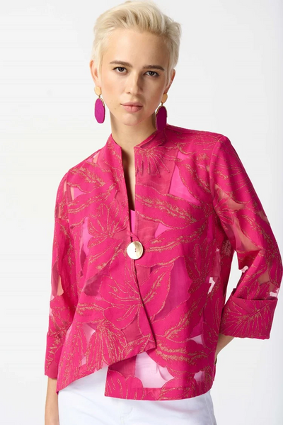 Joseph Ribkoff Textured Jacquard Single Button Swing Jacket - Pink/Gold