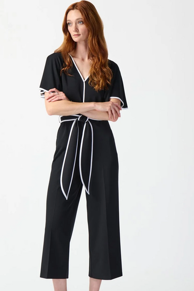 Joseph Ribkoff Butterfly Sleeve Belted Contrast Piping Cropped Culotte Jumpsuit - Black/Vanilla *Take 35% Off*