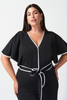 Image of Joseph Ribkoff Butterfly Sleeve Belted Contrast Piping Cropped Culotte Jumpsuit - Black/Vanilla *Take 35% Off*
