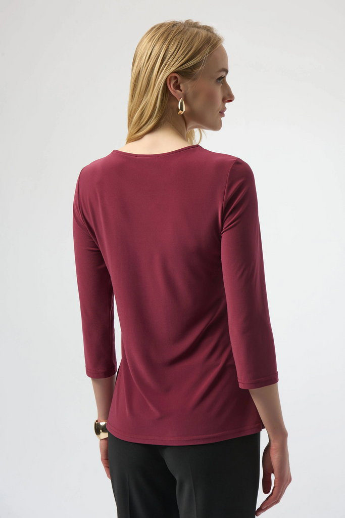 Joseph Ribkoff Silky Knit Asymmetrical Top with Metallic Cinch Detail - Merlot