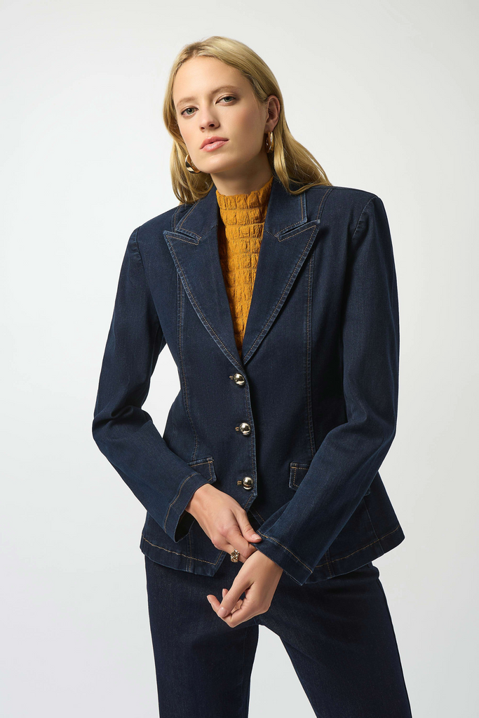 Joseph Ribkoff Stretch Denim Fitted Blazer with Gold Buttons - Indigo