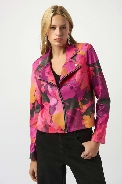 Joseph Ribkoff Foiled Vegan Leather Abstract Print Fitted Jacket - Black/Multicolor