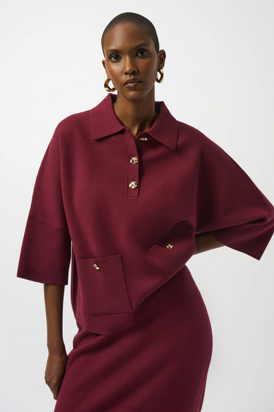 Joseph Ribkoff Sweater Knit Boxy Pullover With Polo Collar - Merlot