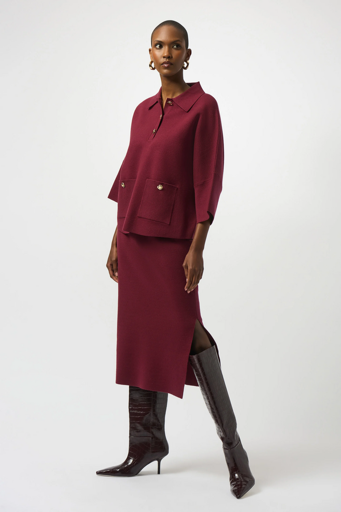 Joseph Ribkoff Sweater Knit Boxy Pullover With Polo Collar - Merlot