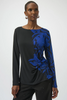 Image of Joseph Ribkoff Long Sleeve Ruched Side Floral Print Top - Black/Royal Blue