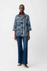 Image of Joseph Ribkoff Jacquard Stripe Print Trapeze Jacket With Shirred Collar - Blue/Vanilla
