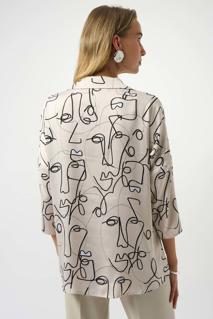 Joseph Ribkoff Hammered Satin Abstract Face Print Boxy Top - Moonstone/Black