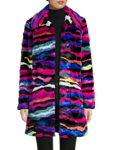 Karl Lagerfeld Paris Multicolor Stripe Faux Fur Coat - Rainbow