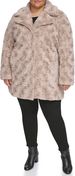 Kenneth Cole Plus Size Textured Faux Fur Coat - Truffle