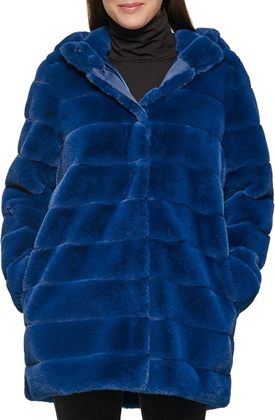 Kenneth Cole Snap Front Closure Grooved Faux Fur Hooded Coat - Teal