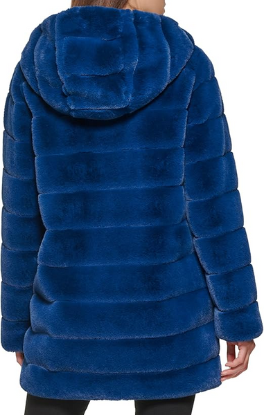Kenneth Cole Snap Front Closure Grooved Faux Fur Hooded Coat - Teal