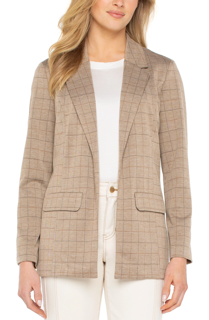 Liverpool Check Open Front Boyfriend Blazer - Khaki Grid Check