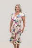 Image of Steven Guy Plus Size Cap Sleeve Surplice Cascade Ruffle Floral Print Dress - Ivory/Pink