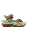 Image of L'Artiste by Spring Step Script Floral Leather Backstrap Wedge Heel Sandal - Mint Green/Multicolor