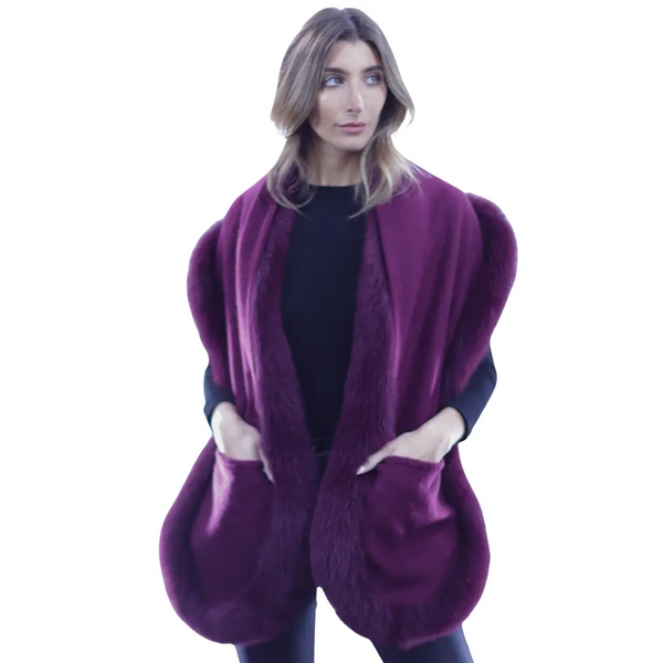 La Fiorentina Fox Fur Trimmed Cashmere Scarf with Pockets - Plum