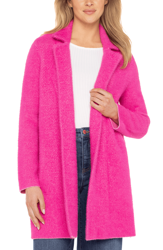Liverpool Notched Lapel Open Front Herringbone Eyelash Knit Coatigan - Deep Raspberry Pink