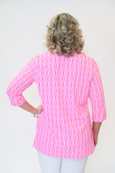 Lulu-B Button V-Neck Digital Helix Print Tunic - Pink/Multicolor