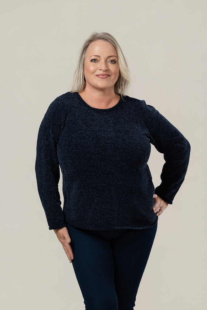 Lulu-B Crew Neck Long Sleeve Chenille Sweater with Pockets - Navy