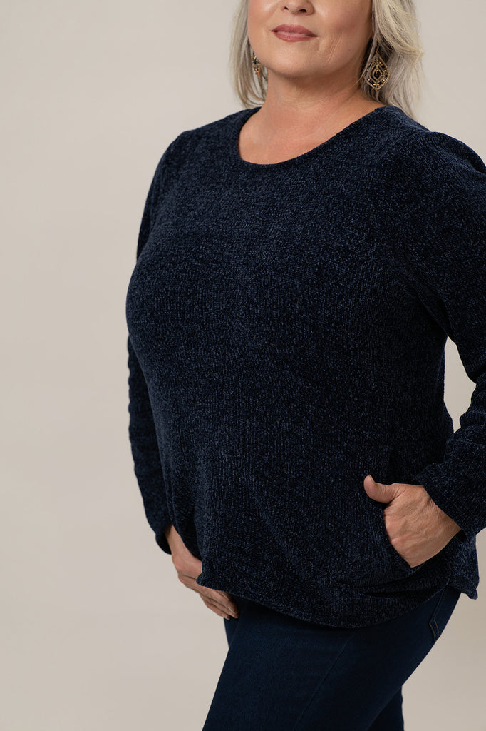 Lulu-B Crew Neck Long Sleeve Chenille Sweater with Pockets - Navy