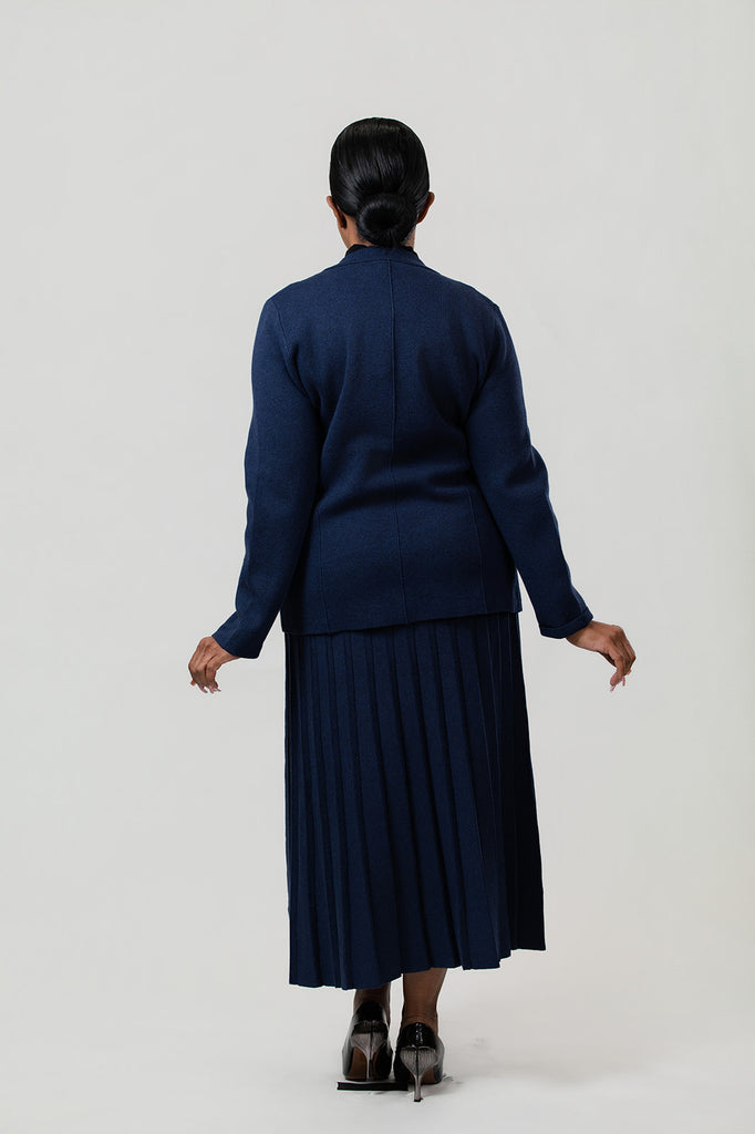Marble One Button Sweater Knit Blazer - Navy