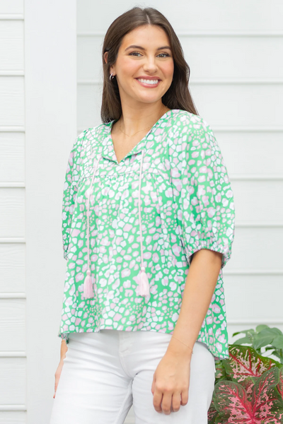 Michelle McDowell V-Neck  Puff Sleeve Top - Green/White/Pink
