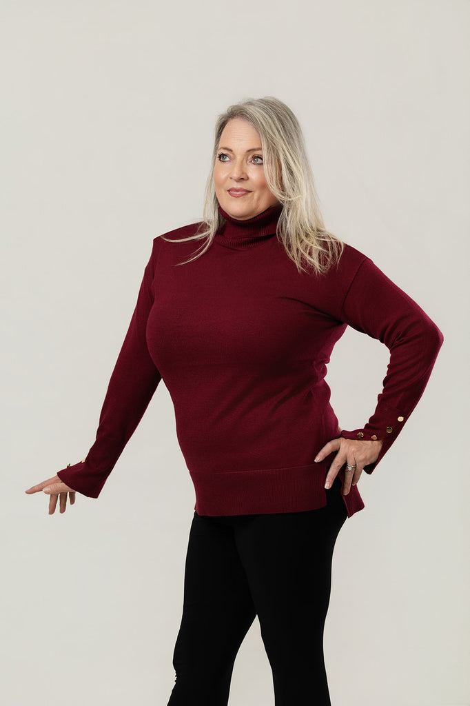 Metric Knits Button Cuff Turtleneck - Dark Cherry