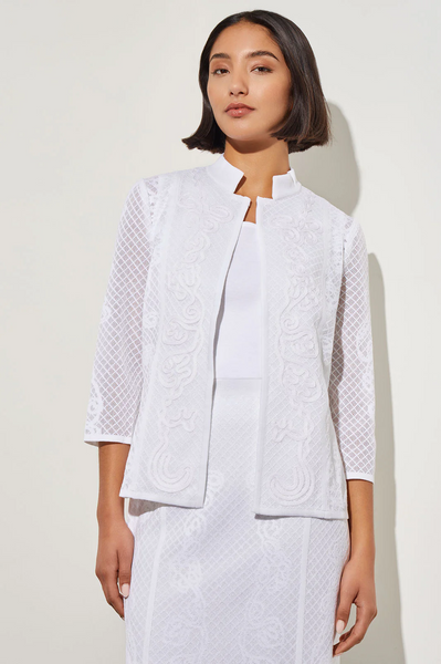 Ming Wang Plus Size Soutache Jacquard Knit Mandarin Collar Jacket - White