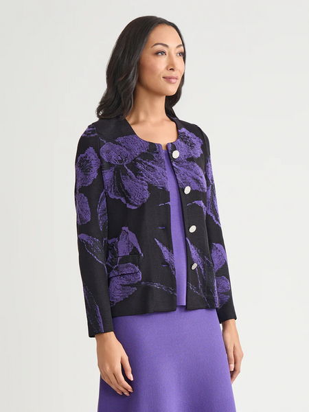 Misook Floral Jacquard knit Jacket - Concord Purple/Black