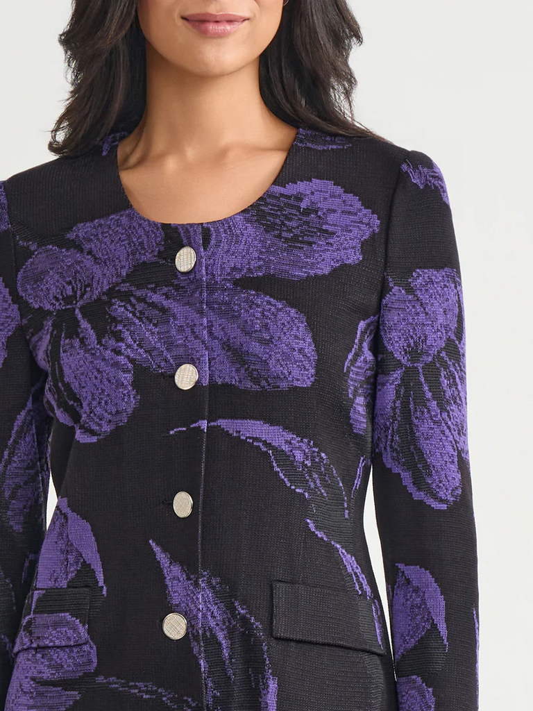 Misook Floral Jacquard knit Jacket - Concord Purple/Black