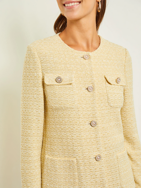 Misook Textured Knit Pearl Button Jacket - Pale Gold/White