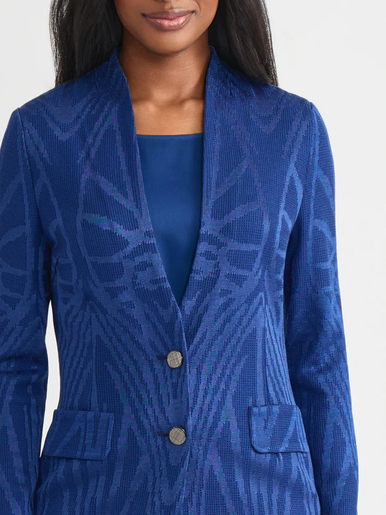 Misook Tailored Tonal Intarsia Pattern Knit Jacket - Lazuli Blue