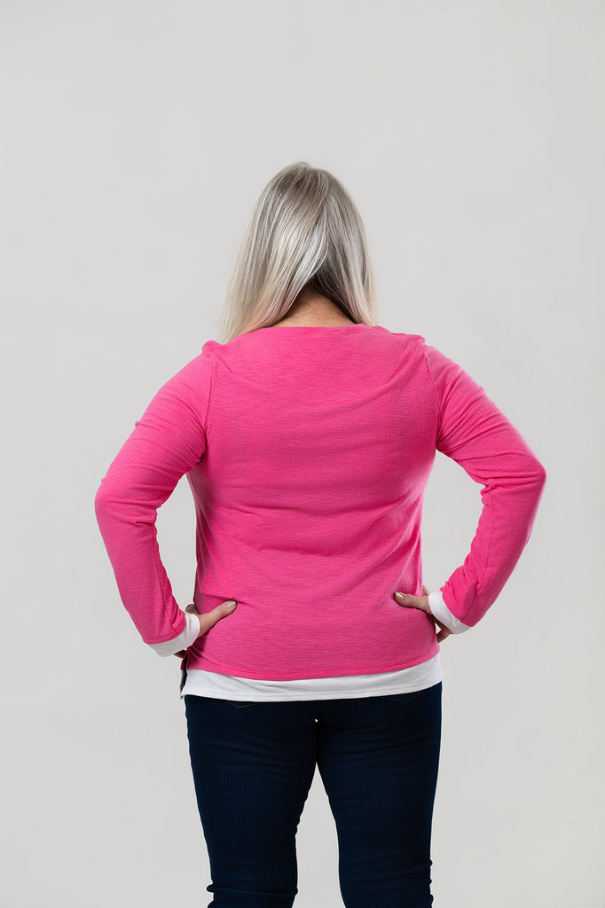 Nally & Millie Contrast Accented Long Sleeve Crew Neck Top - Magenta