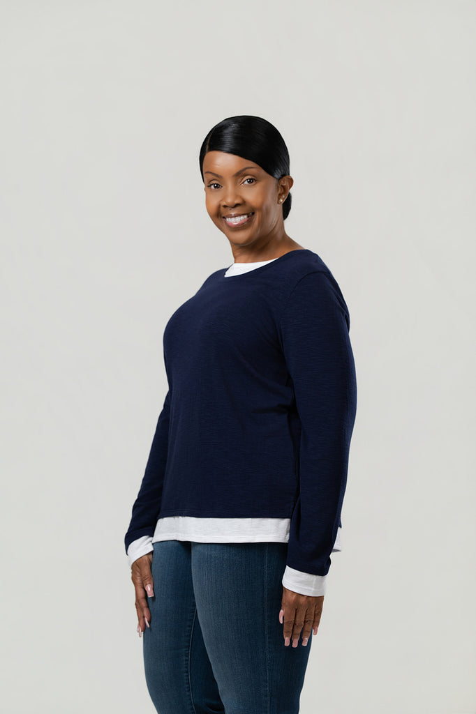 Nally & Millie Contrast Accented Long Sleeve Crew Neck Top - Blue Night