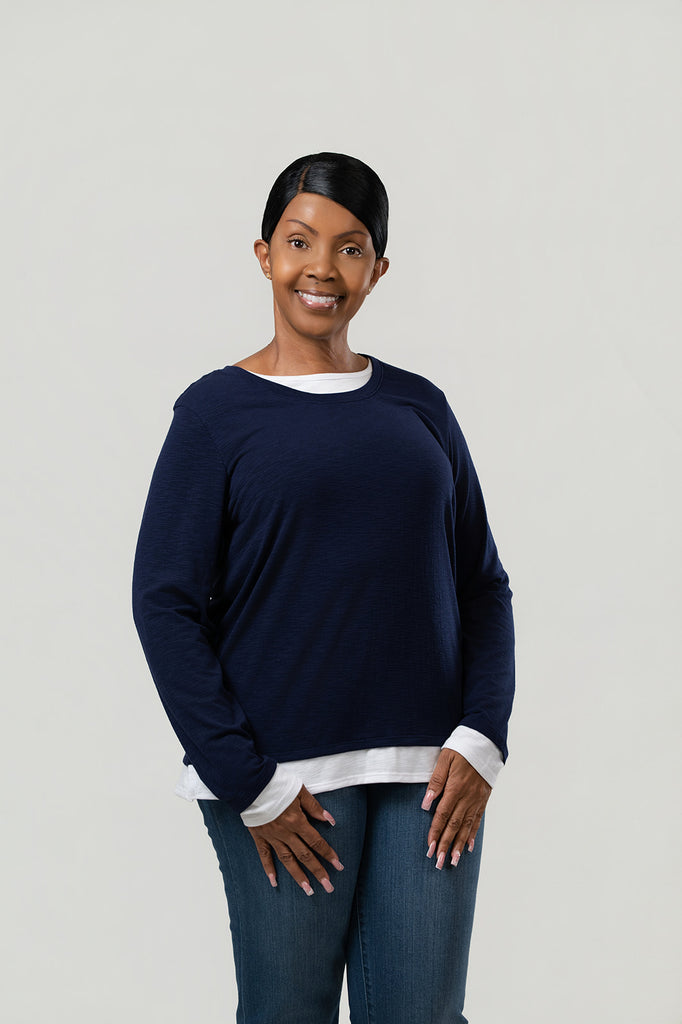 Nally & Millie Contrast Accented Long Sleeve Crew Neck Top - Blue Night