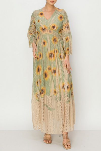 Origami Apparel by Vivien Sunflower Print Long Lace Dress - Sage/Multicolor *Take 35% Off*