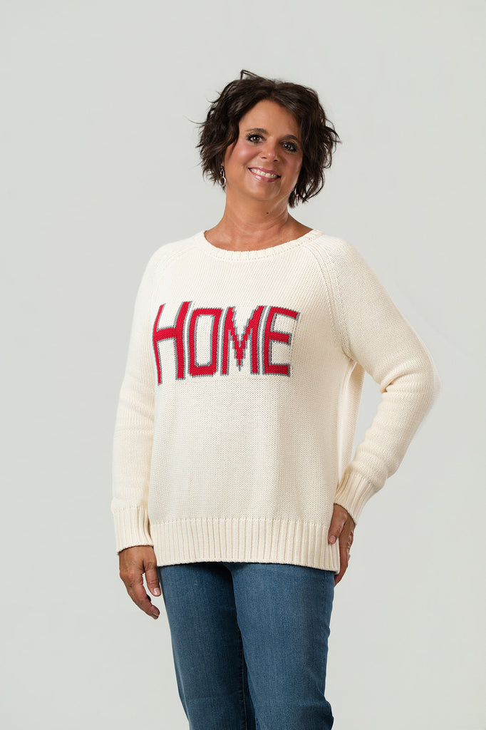 Pink Pineapple Cotton Shaker Knit "Home" Sign Sweater - Cream