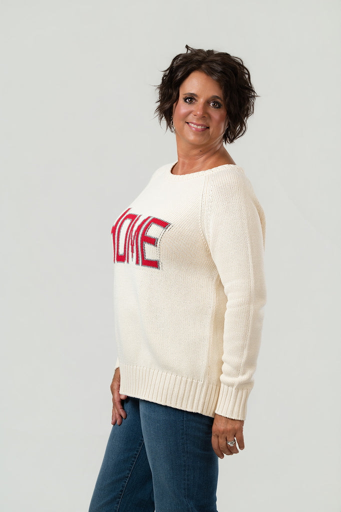 Pink Pineapple Cotton Shaker Knit "Home" Sign Sweater - Cream