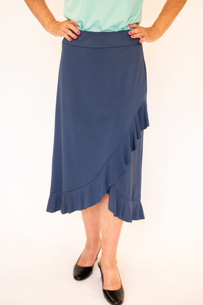 Pure Essence Asymmetric Ruffle Hem Faux Wrap Skirt - Denim Blue