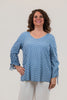 Image of Pure Essence Polka Dot Print Cinch Sleeve V-Neck Top - Chambray Blue/White