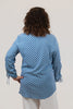 Image of Pure Essence Polka Dot Print Cinch Sleeve V-Neck Top - Chambray Blue/White