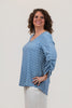 Image of Pure Essence Polka Dot Print Cinch Sleeve V-Neck Top - Chambray Blue/White