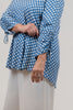 Image of Pure Essence Polka Dot Print Cinch Sleeve V-Neck Top - Chambray Blue/White
