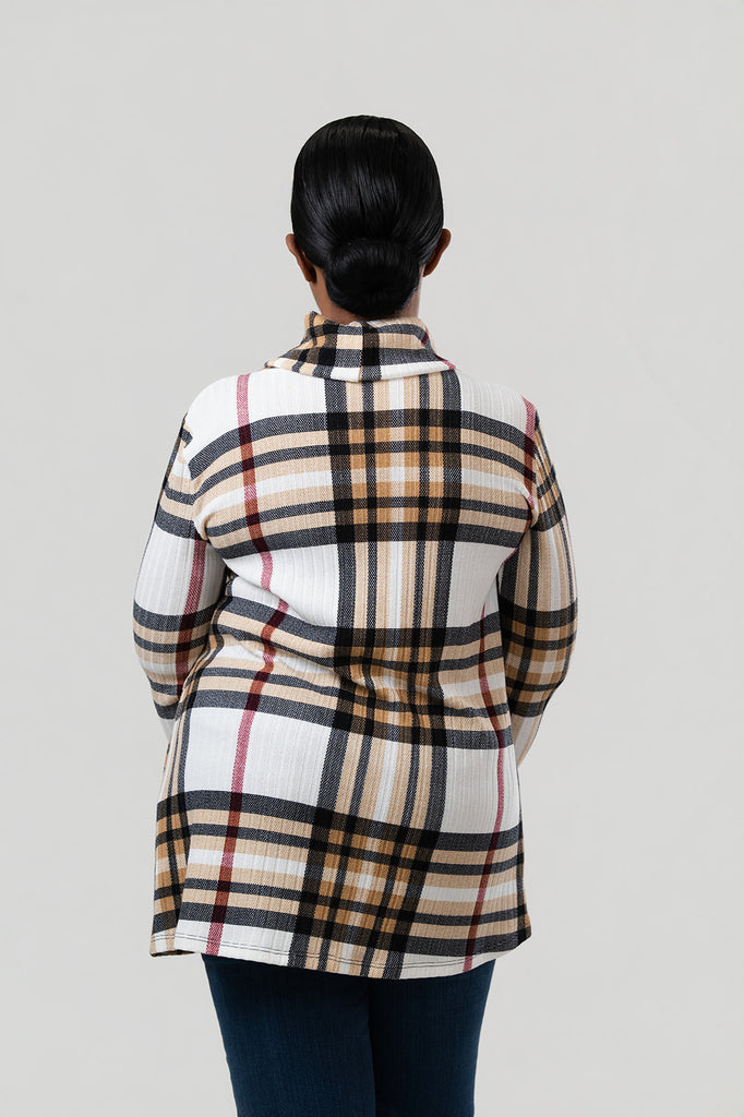 Pure Essence Plaid Tab Collar Overlay Tunic - Mocha/Multicolor